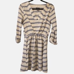 Lumiere Blue Cream Linen Striped French Style Dress